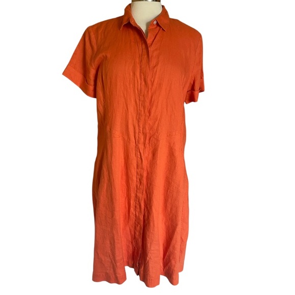 J. Jill Love Linen Zinnia Orange Saffron Shirt Dress M Pockets Button Up $99 - Picture 2 of 9
